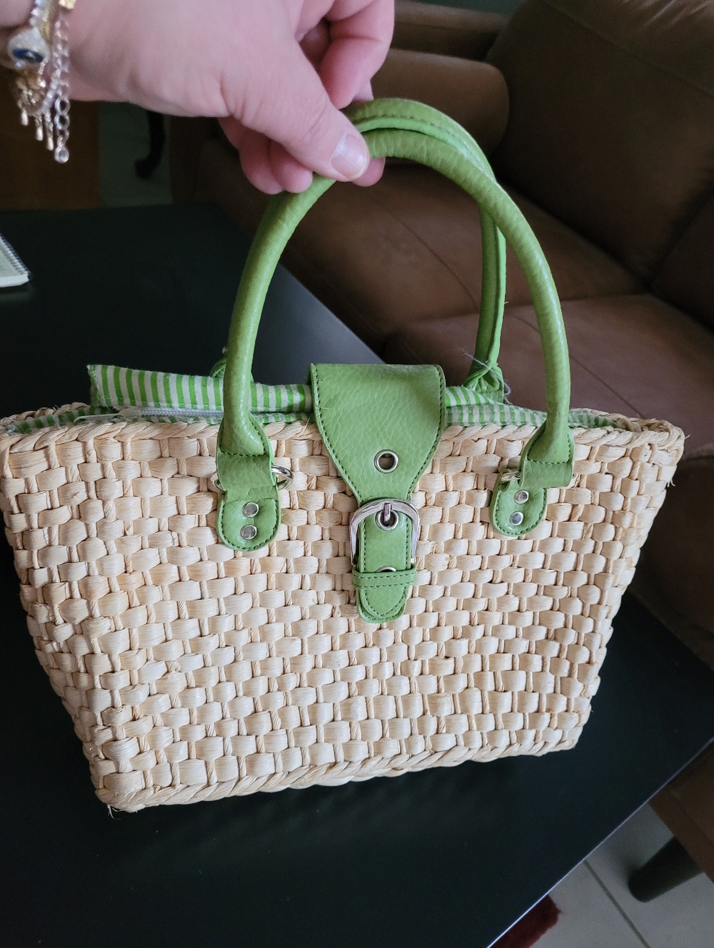 Green Trim Woven Straw Tote Bag